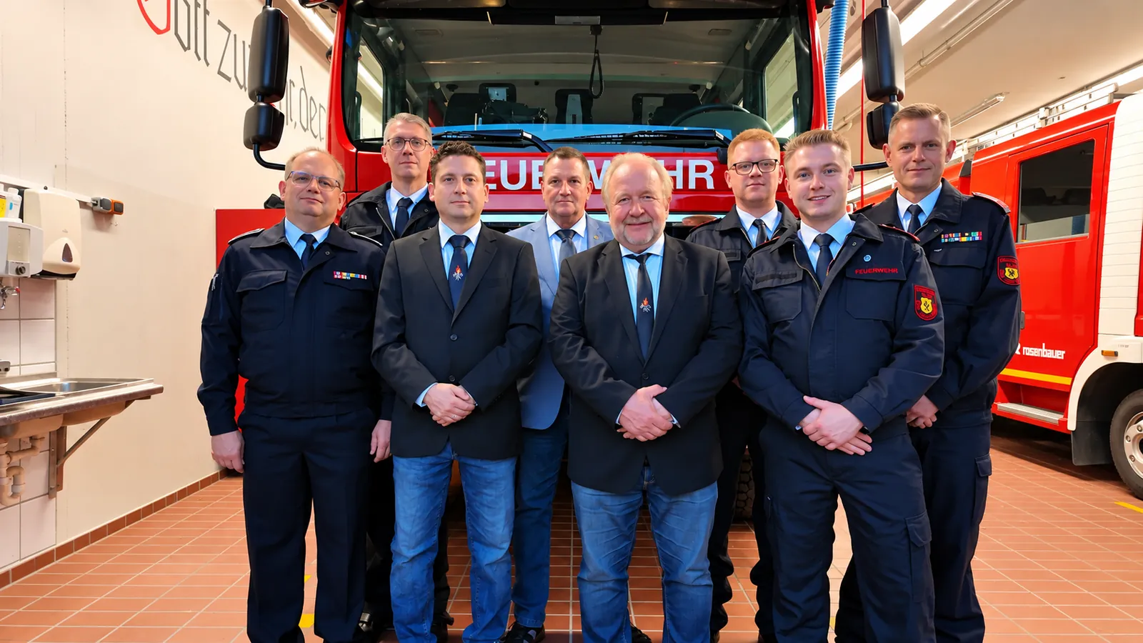 Der Vorstand des Festausschusses vor einem Feuerwehrfahrzeug